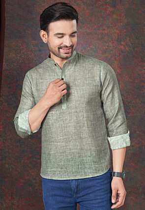 Solid Color Linen Short Kurta in Dusty Green