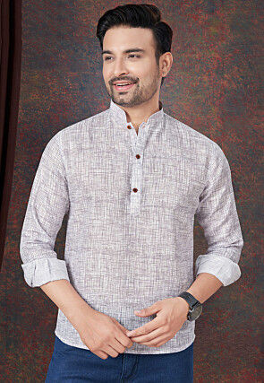 Solid Color Linen Short Kurta in Grey