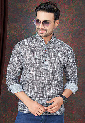 Solid Color Linen Short Kurta in Grey