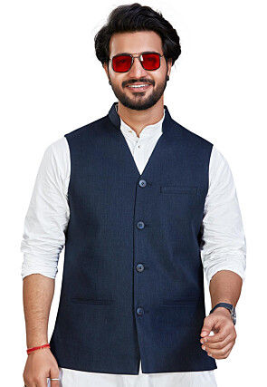 Solid Color Linen Silk Nehru Jacket in Navy Blue