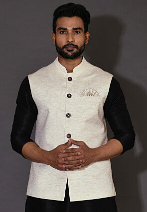 Solid Color Linen Silk Nehru Jacket in Off White
