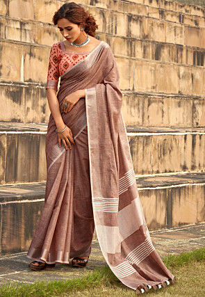 Solid Color Linen Silk Saree in Light Brown