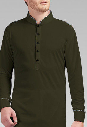 Solid Color Lycra Kurta Set in Dark Olive Green