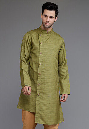 Solid Color Matka Silk Asymmetric Kurta in Olive Green