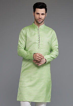Solid Color Matka Silk Kurta in Light Green