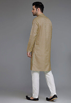Solid Color Matka Silk Kurta Set in Beige