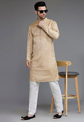 Solid Color Matka Silk Kurta Set in Beige