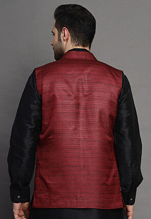 Solid Color Matka Silk Nehru Jacket in Maroon
