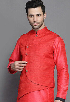 Solid Color Matka Silk Nehru Jacket in Red