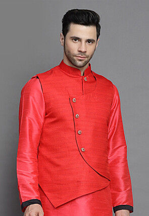 Solid Color Matka Silk Nehru Jacket in Red