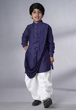 Solid Color Muslin Silk Kurta Set in Navy Blue