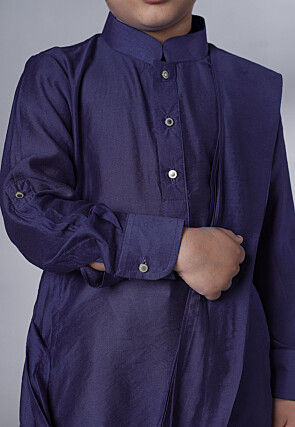 Solid Color Muslin Silk Kurta Set in Navy Blue