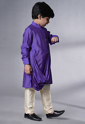 Solid Color Muslin Silk Kurta Set in Purple