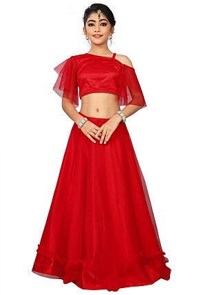 Solid Color Net Lehenga in Red