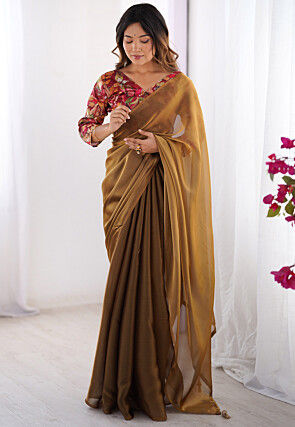 Solid Color Organza Saree in Brown