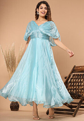 Solid Color Organza Shimmer Flared Dress in Sky Blue