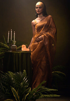 Solid Color Organza Tissue Saree in Golden