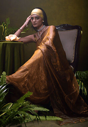 Solid Color Organza Tissue Saree in Golden