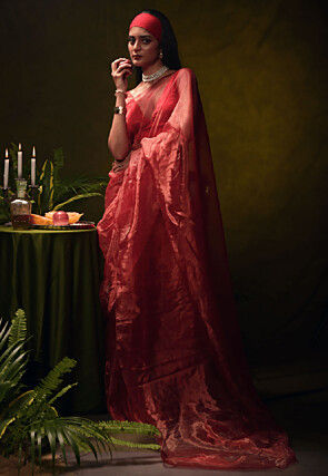 Solid Color Organza Tissue Saree in Red