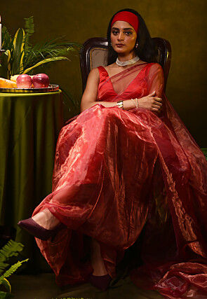 Solid Color Organza Tissue Saree in Red