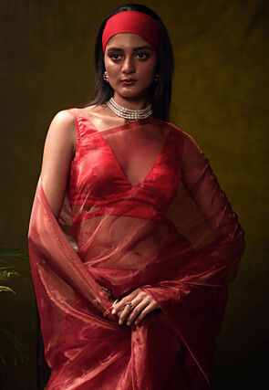 Solid Color Organza Tissue Saree in Red