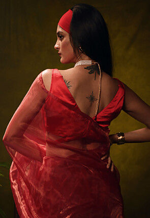 Solid Color Organza Tissue Saree in Red