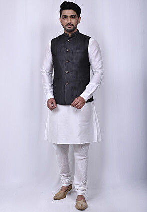 Solid Color Pashmina Nehru Jacket in Charcoal Black