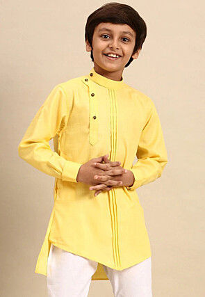 Solid Color Cotton Asymmetric Short Kurta in Yellow