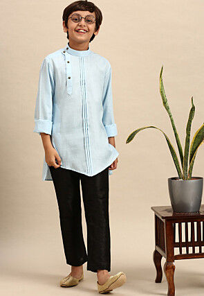 Solid Color Cotton Asymmetric Short Kurta Set in Light Blue