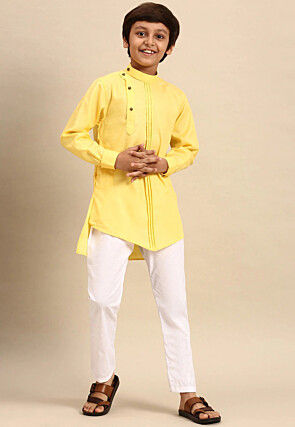 Solid Color Poly Cotton Asymmetric Short Kurta Set in Yellow