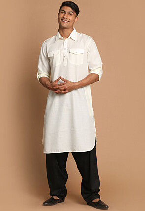 Solid Color Cotton Pathani Suit in Cream