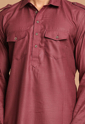 Solid Color Cotton Pathani Suit in Maroon