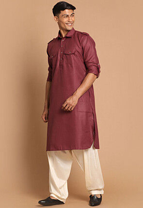 Solid Color Cotton Pathani Suit in Maroon