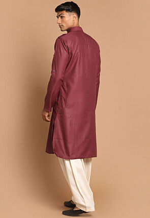 Solid Color Cotton Pathani Suit in Maroon