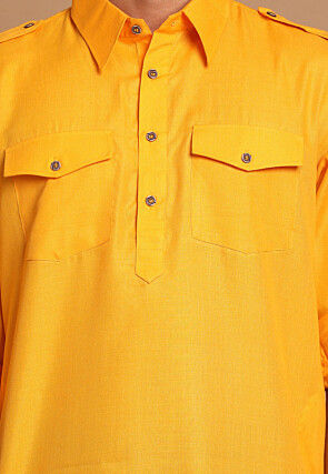 Solid Color Cotton Pathani  Suit in Mustard