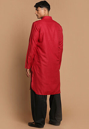 Solid Color Cotton Pathani Suit in Red