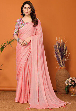 Solid Color Polyester Brasso Saree in Peach