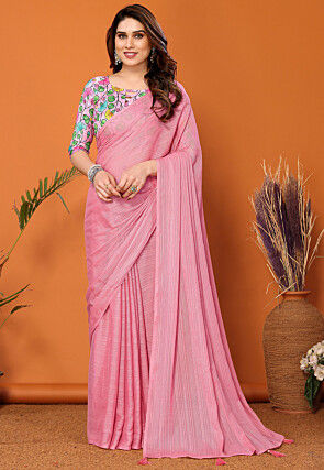 Solid Color Polyester Brasso Saree in Pink