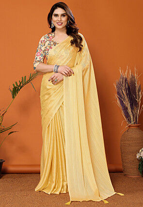 Solid Color Polyester Brasso Saree in Yellow