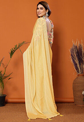 Solid Color Polyester Brasso Saree in Yellow