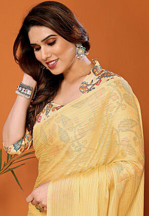 Solid Color Polyester Brasso Saree in Yellow