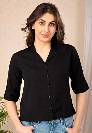 Solid Color Polyester Crop Top in Black