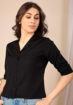 Solid Color Polyester Crop Top in Black