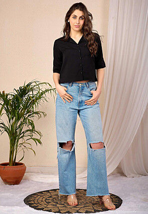 Solid Color Polyester Crop Top in Black