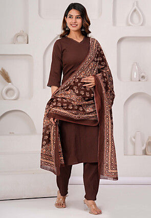 Solid Color Polyester Crushed Pakistani Suit in Dark Brown