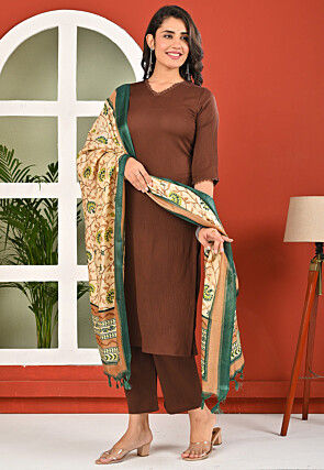 Solid Color Polyester Crushed Pakistani Suit in Dark Brown