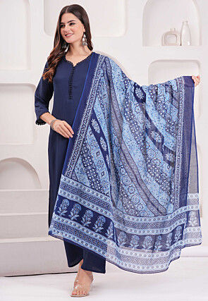 Solid Color Polyester Crushed Pakistani Suit in Navy Blue