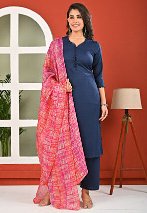 Solid Color Polyester Crushed Pakistani Suit in Navy Blue