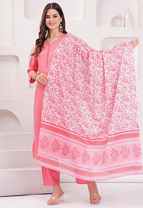Solid Color Polyester Crushed Pakistani Suit in Pink