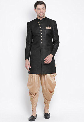 Solid Color Polyester Dhoti Sherwani in Black